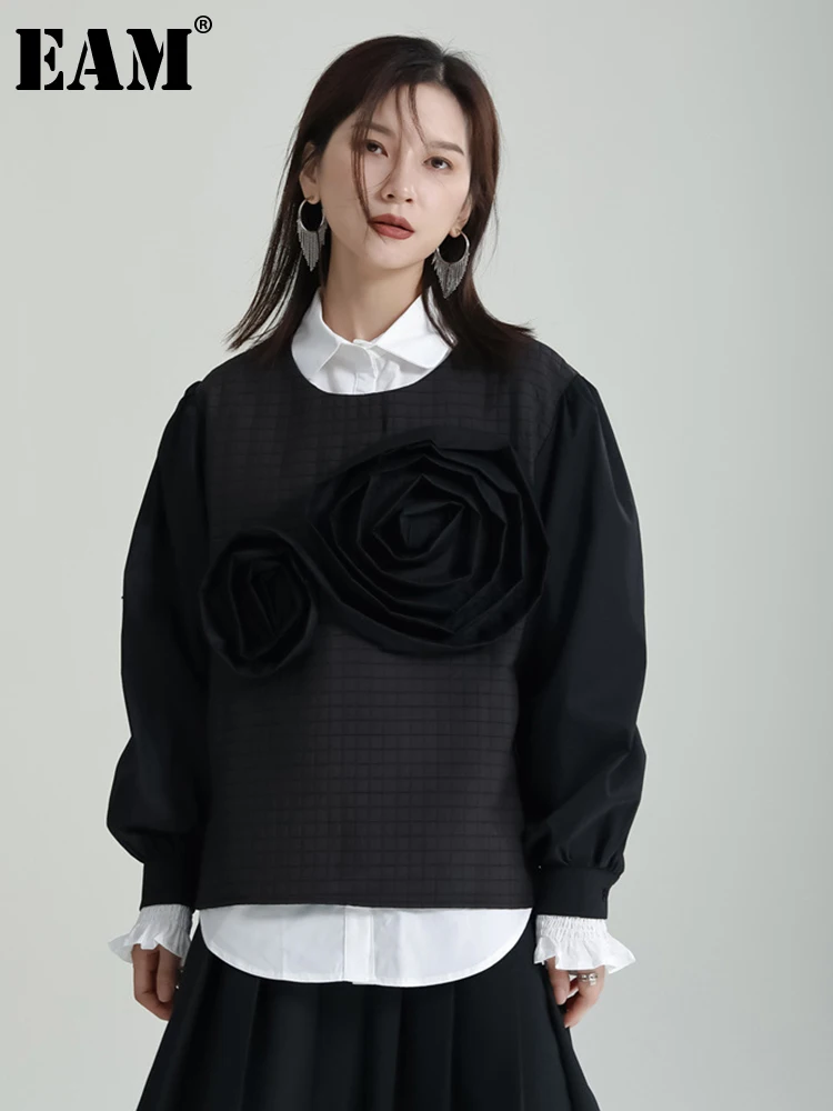 

[EAM] Loose Fit Black Flower Shaped Sweatshirt New Round Neck Long Sleeve Women Big Size Fashion Tide Spring Autumn 2022 1DF2632