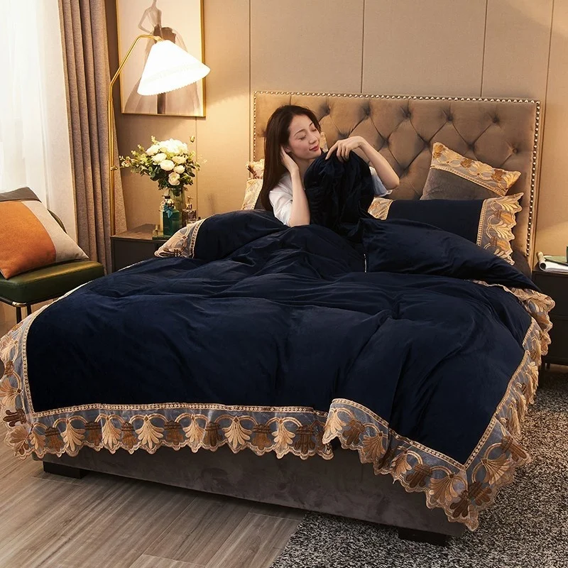 

Plush Shaggy Faux Fur Fleece Duvet Cover with Bed Sheet Pillow Case Warm Soft Velvet Flannel Lace Bedding Set Twin Queen King