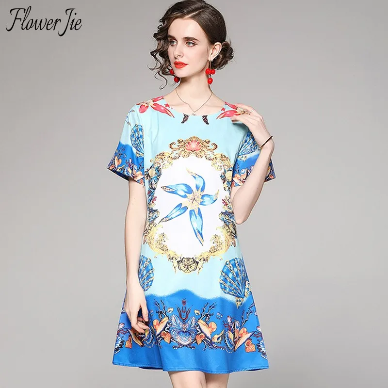 

Flower Jie Sumemr Print Dress Women 2022 Slim Casual Vintage Mini Vestidos Mujer Short Sleeve O-Neck Midi Dresses Female