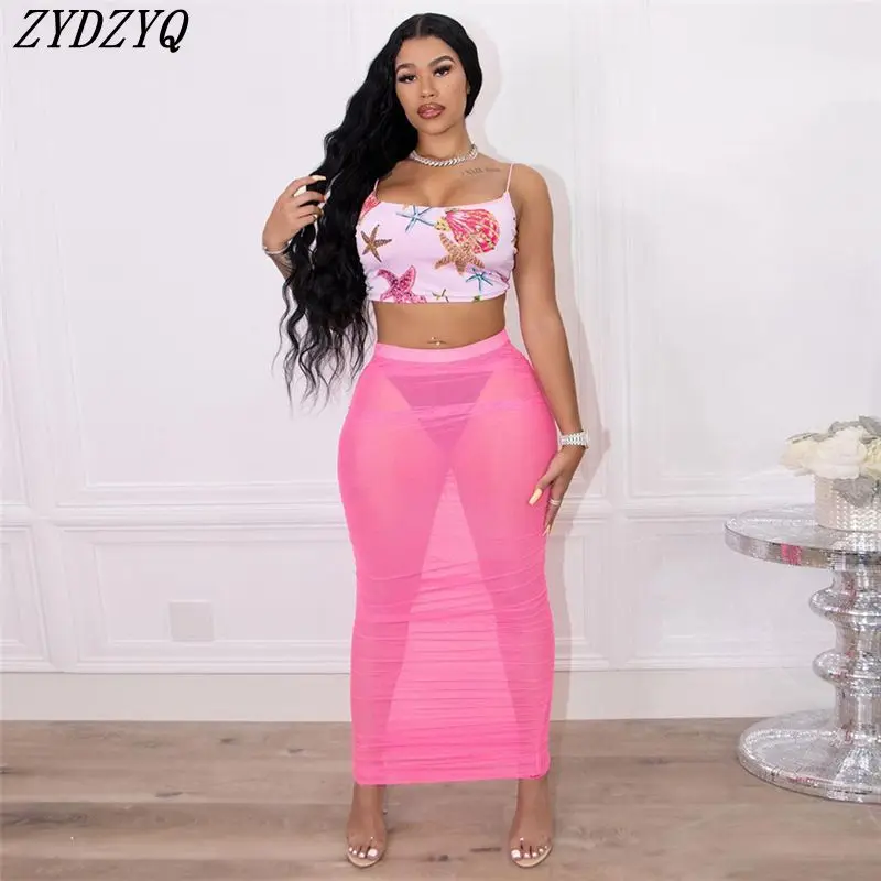 

ZYDZYQ Sexy 2 Piece Set Women Summer Print Tank Top High Waist Mesh Skirt Sets Y2k Clothes Vacation Outfits Streetwear Wholesale
