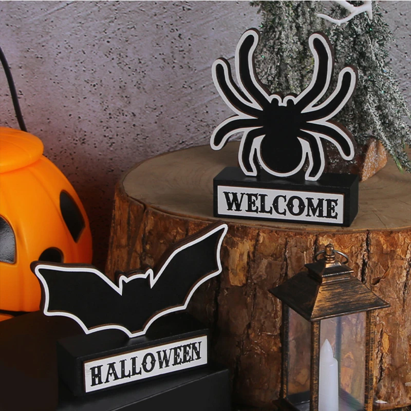 

Welcome Halloween Spider Bat Wooden Card Desktop Ornaments Ghost Day Happy Halloween Party Decorations Home Decor Accessories