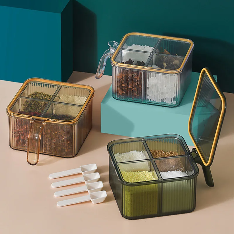 

4 In 1 Plastic Seasoning Storage Box with SpoonsMulti Compartment Herb Spice Jars Pots Condiment Box Kitchen Storage Container