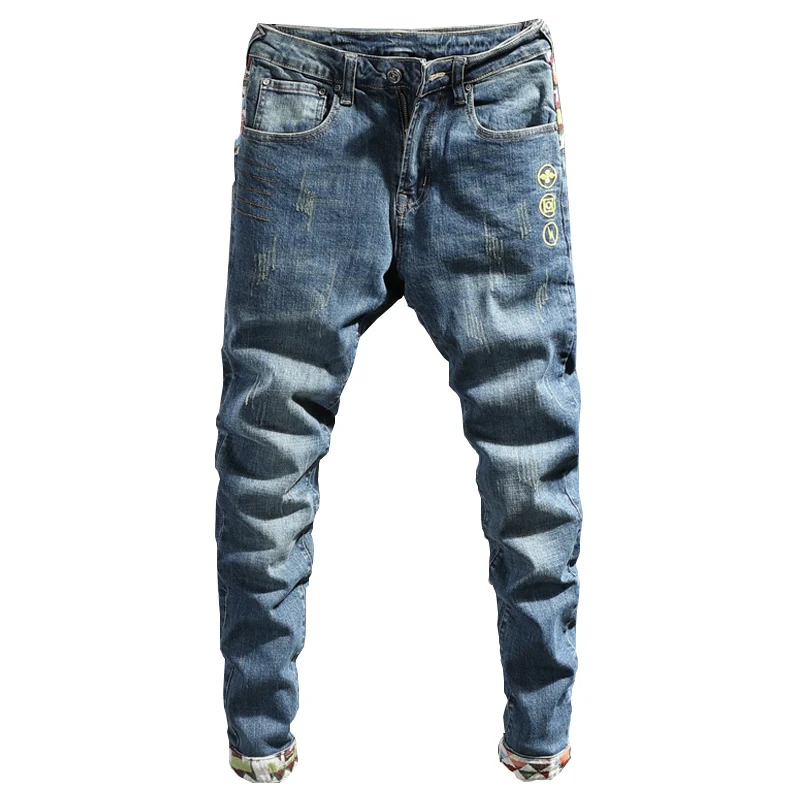 Street Fashion Men Jeans High Quality Elastic Embroidery Designer Slim Ripped Jeans Men Patchwork Trousers Vintage Pants Hombre