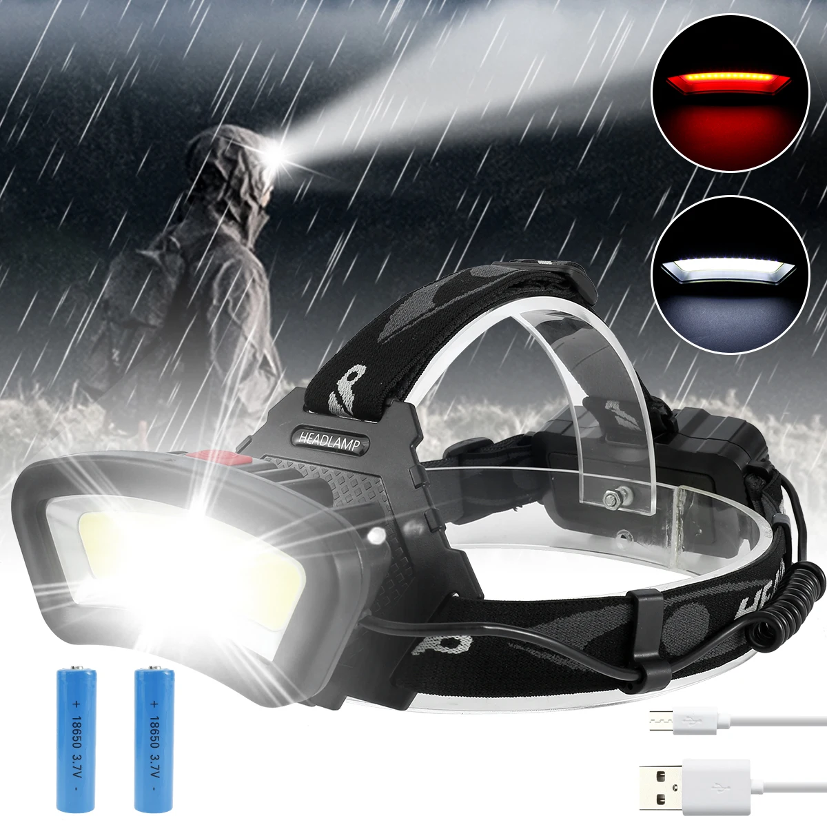 

New LED Headlamp 500LM 10W USB Rechargeable COB Headlight w/18650 Battery 4 Lighting Modes 90°Rotation Head Torch IPX4