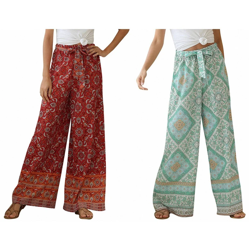 

2 Pcs Women Floral Print Wide Leg Bohemian Pants Ladies Sashes Loose Rayon Boho Long Pants XL Size, Red & Green