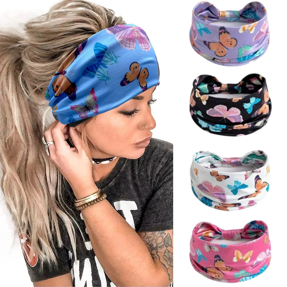 

Модная широкоугольная лента для волос с принтом бабочки, высокоэластичная спортивная лента для бега, йоги, головной убор с бантом