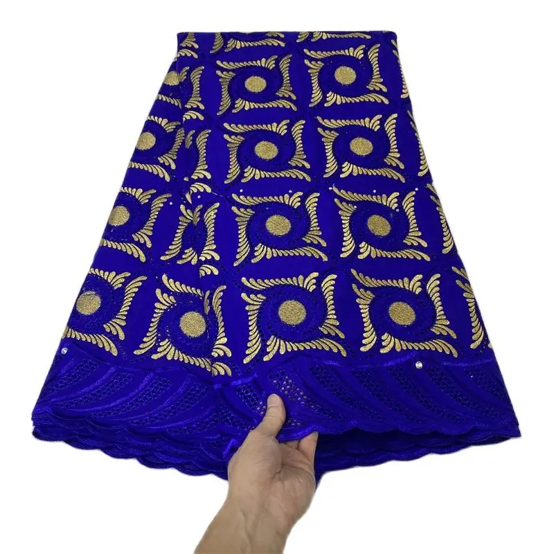

Blue & Gold Cotton Swiss Voile Lace Fabric High Quality African Lace Fabrics With Stones Embroidery Swiss Lace Fabric 5 Yards
