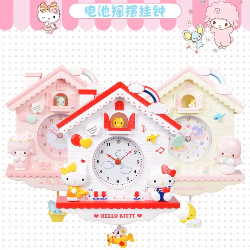 

Kawaii Sanrioed Anime Cartoon series Cute Cat Clock Gemini House Wall Hanging Swing Wall Clock Bedroom Decorative Pendant Clock