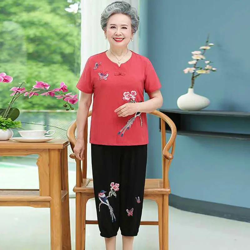 

Summer Grandma's Suit Cotton Linen Short Sleeve Cropped Pant Two-Piece Set Middle-Aged Elderly Women's Clothes Mother Outifits
