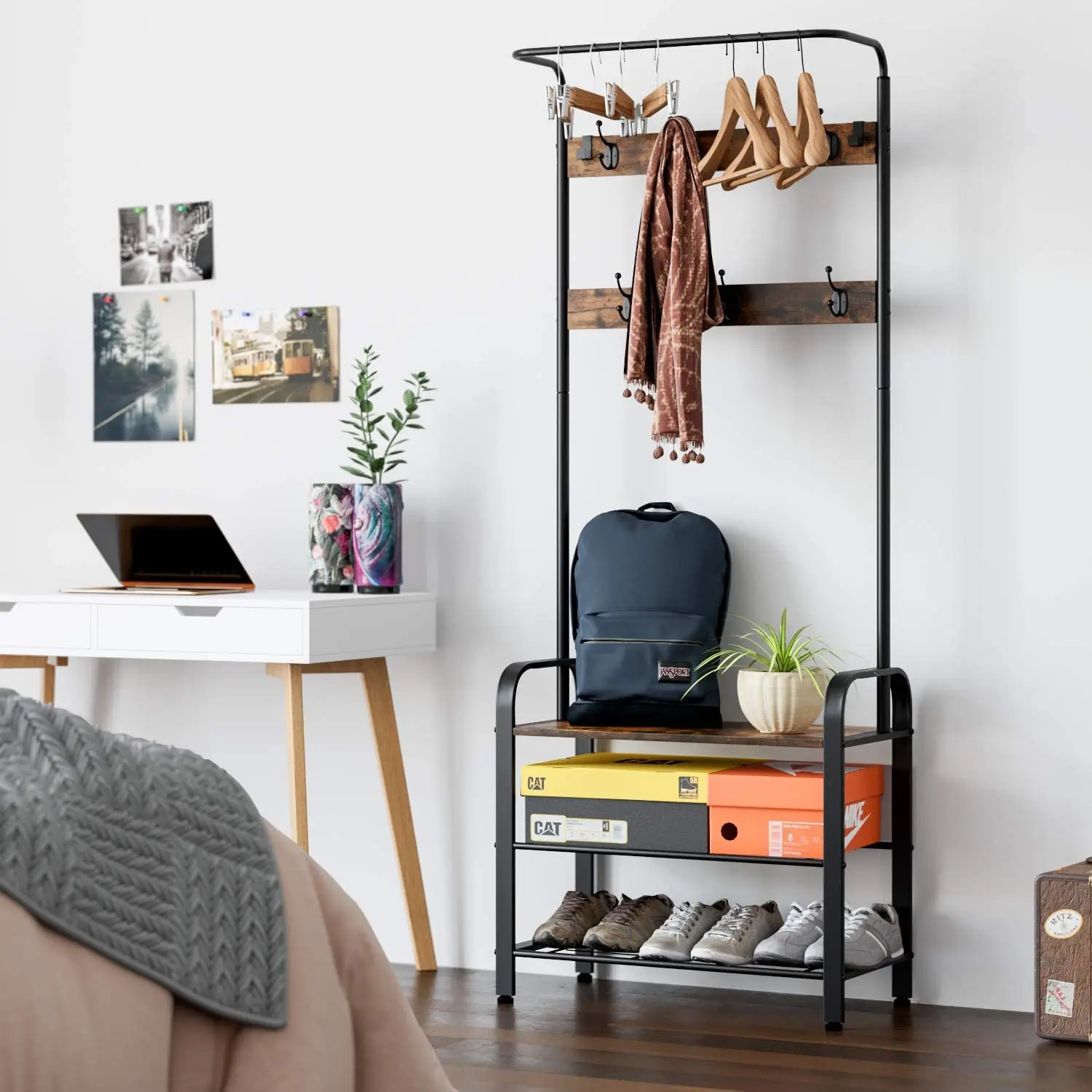 

Industrial Metal Hallway Coat Rail Stand Shoes Rack Hooks Hanger Clothes Hat Bag for Bedroom Furniture