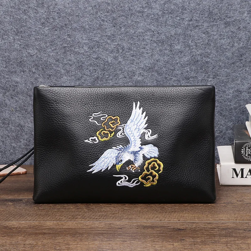 Handbag Men's leather famous brand embroidery handbag Mobile phone bag Large capacity handbag Soft leather envelope bag