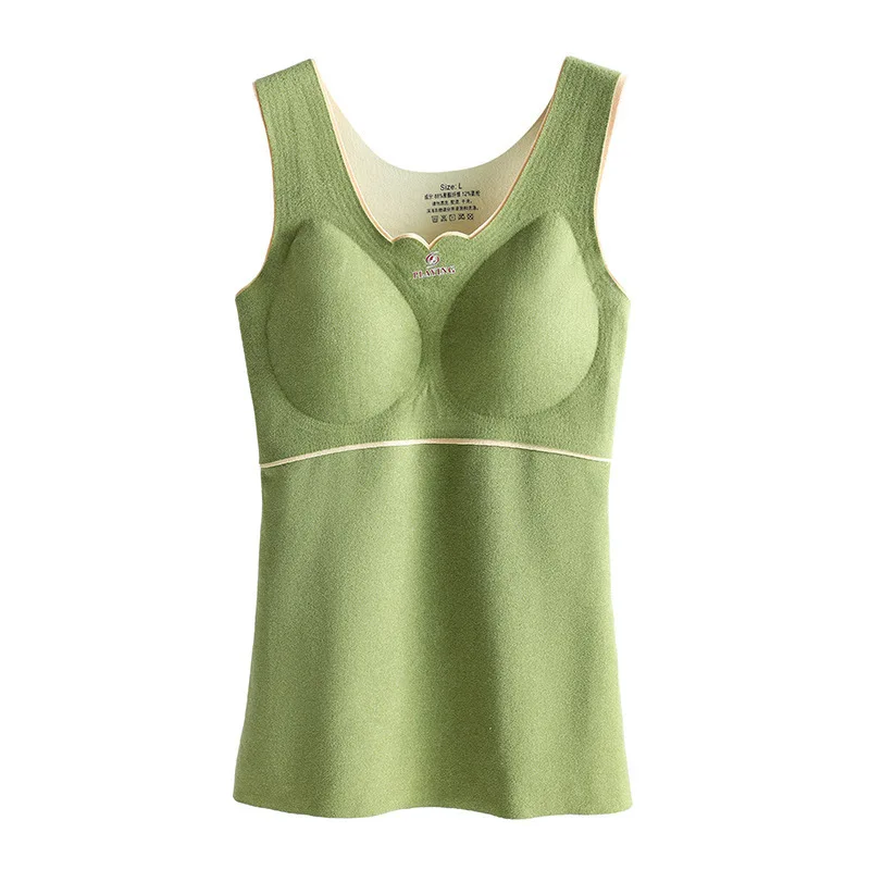 

High elasticity and fun double face woolen solid color women's thermal vest self-heating fleece slim body with chest pad