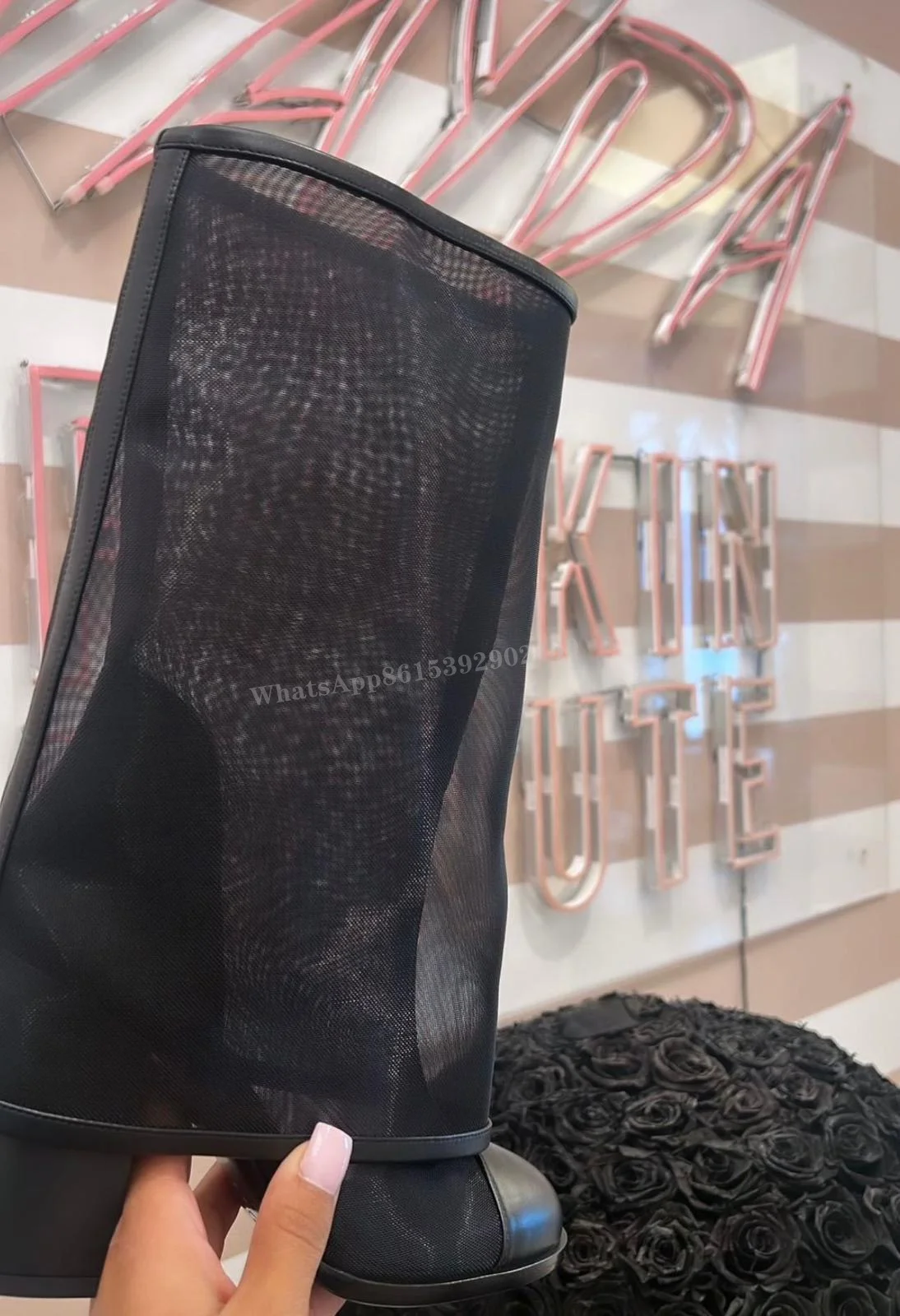 Hollow Mesh Flip Up Sleeve Boots Women Thick Heel Black Loose Knee Booties Round Mary Jane Elegant Shoes Slip On Sexy Casual