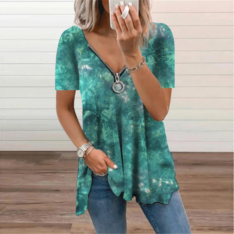 

Zipper Abstract Graphic Ladies T-Shirt Casual Women's Clothing 2022 Summer Fashion Short Sleeve V-Neck Plus Size Top Tee Shirt