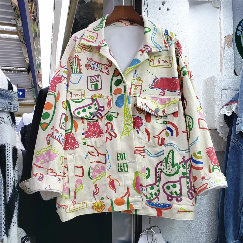 

Korean Fashion Hand Painted Graffiti Denim Jacket Coat Women Loose Casual Outerwear Big Pocket Long Sleeve Jeans Jacket Female