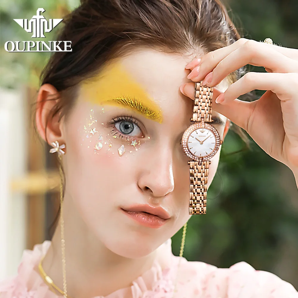 OUPINKE Swiss Quartz Watch for Women Luxury Diamond Sapphire Mirror Watperoof Watches Original Ladies Dress Wristwatch Gift Set