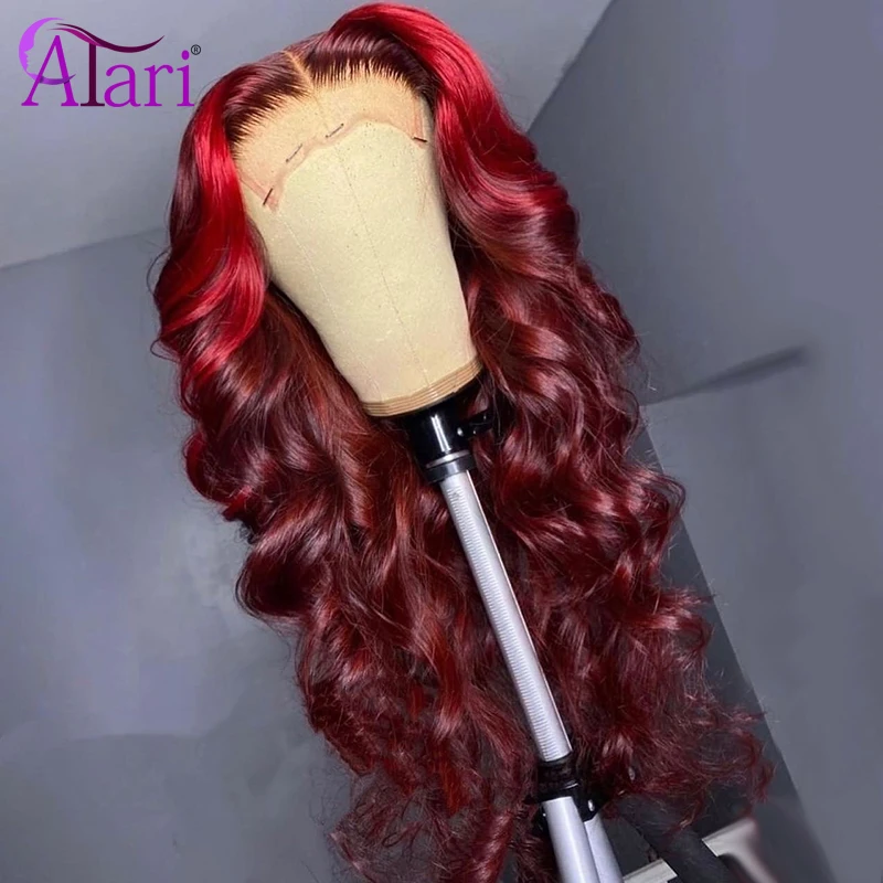 Ombre Highlight Red Black Colored Human Hair Wigs for Women 13x4 Transparent Lace Frontal Wig 180% Body Wave Lace Front Wig images - 6