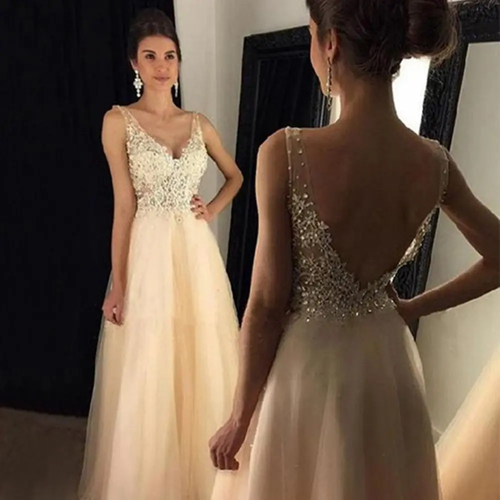 

Женское длинное вечернее платье цвета шампанского, с V-образным вырезом, без рукавов