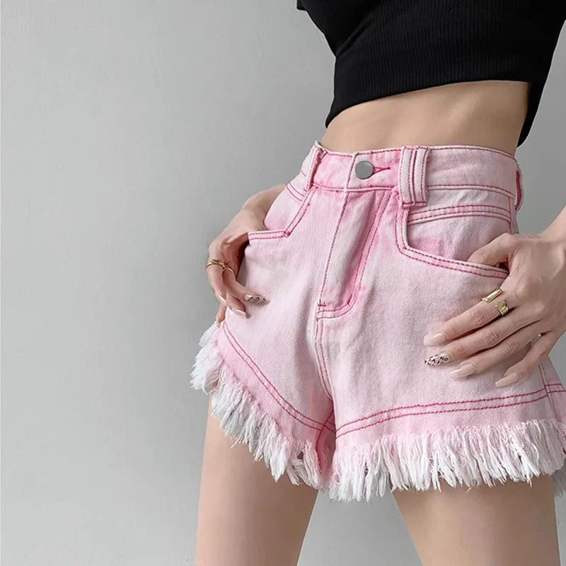 Women's Y2K Clothes Pink High Waist Denim Female Summer Thin 2023 New Sexy Loose Hairy Edge A Word Shorts Fashion Korean Style