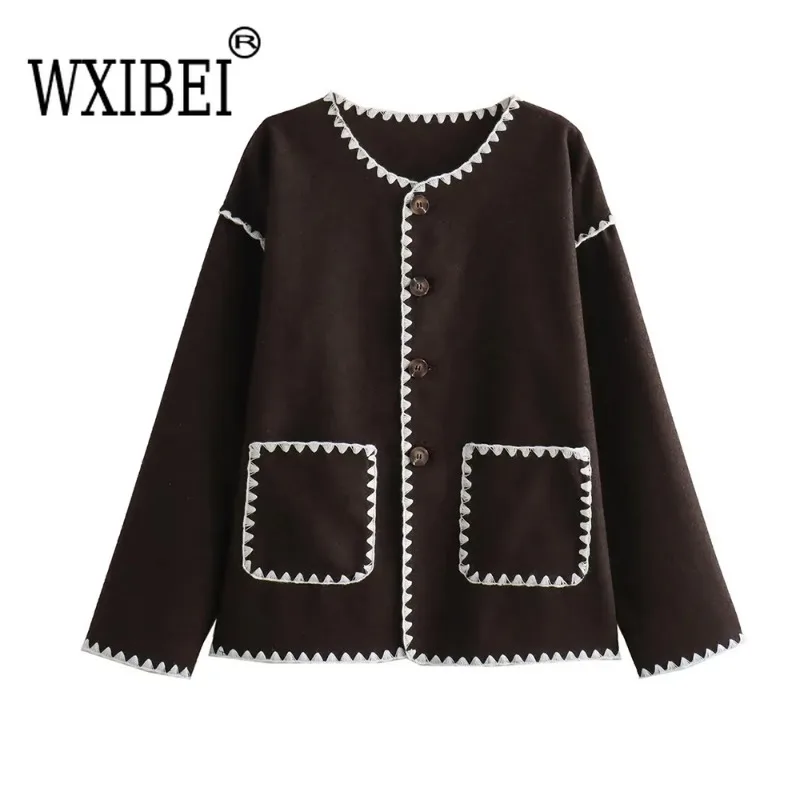 Женская модная контрастная свободная шерстяная куртка с карманами пальто