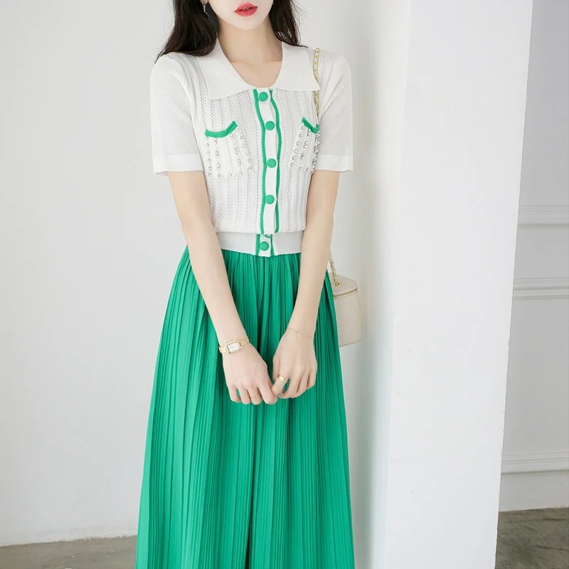 Women Summer Sets Summer Vintage Big Swing Pleated Skirts Pocket Beading Contrast Color Women Cardigan Shell