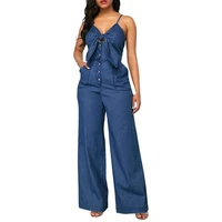 lady jumpsuit bow knot decor sleeveless straight pants v neck hollow out summer denim romper female clothes