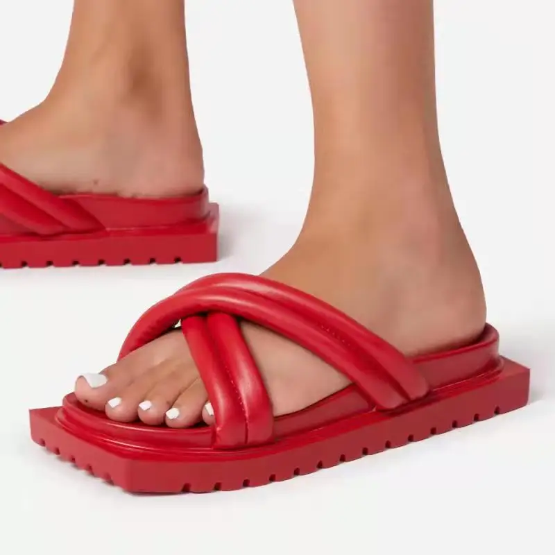 

Женские шлепанцы из ПУ кожи, сланцы с квадратным носком, плоская подошва, дизайнерские, однотонные, большие размеры, лето 2022