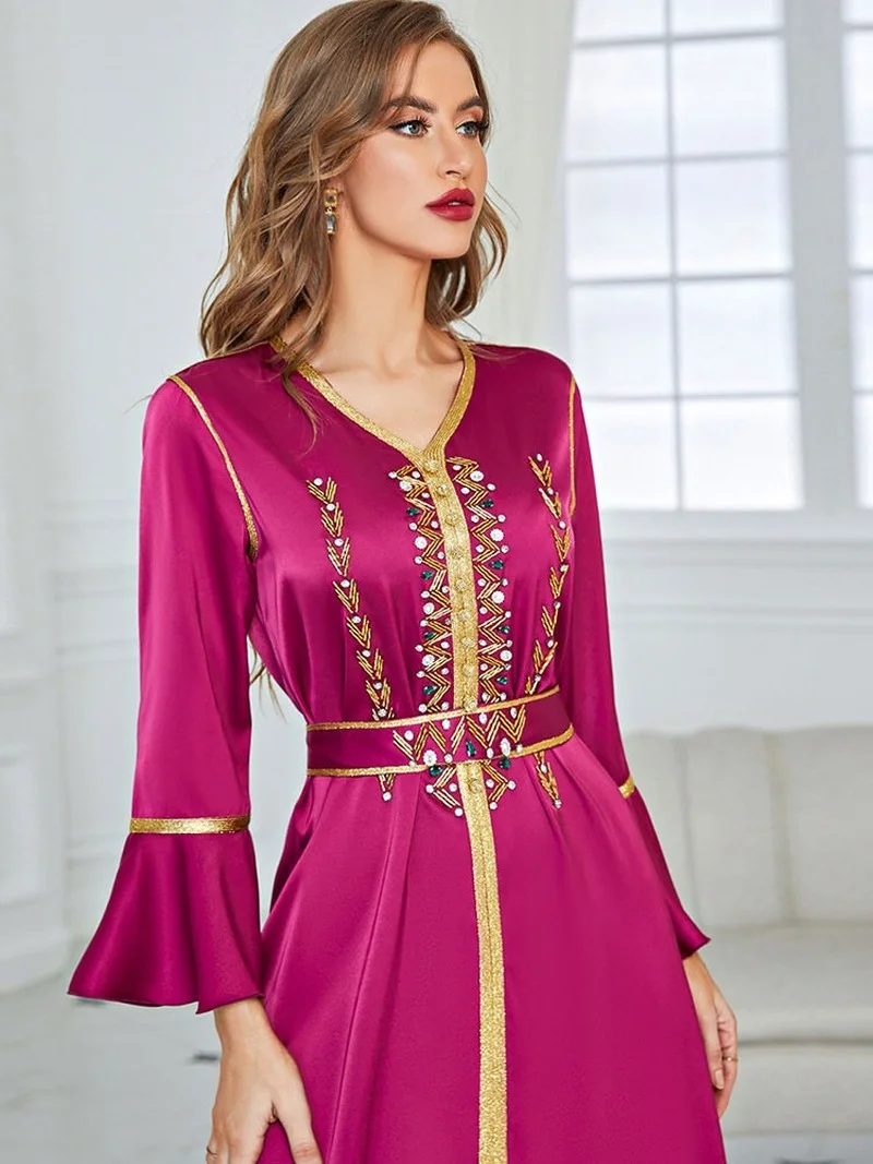 Party Moroccan Embroidered Kaftan Women Hand Sew Rhinestone Golden Trim Satin Arabic Long Dress Muslim Dubai Ramadan Abaya 2022