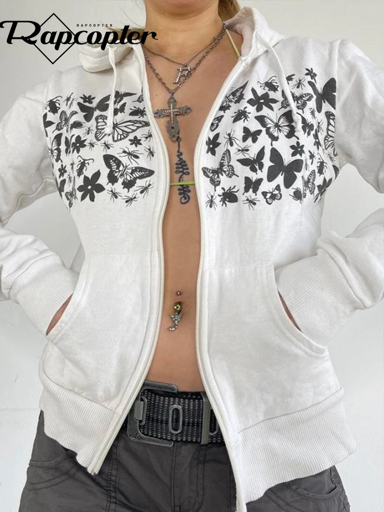 

Rapcopter y2k Butterfly Jackets Pockets Zipper Hoodies Full Sleeve Loose Sweatshirts Women Retro Loose Coat Autumn Winter Outfit