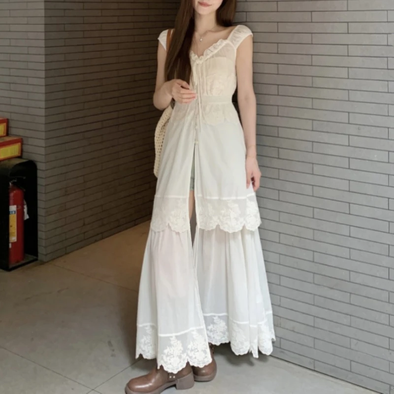 Летнее Длинное Платье с вышивкой и кружевом V-образным вырезом офисное женское
