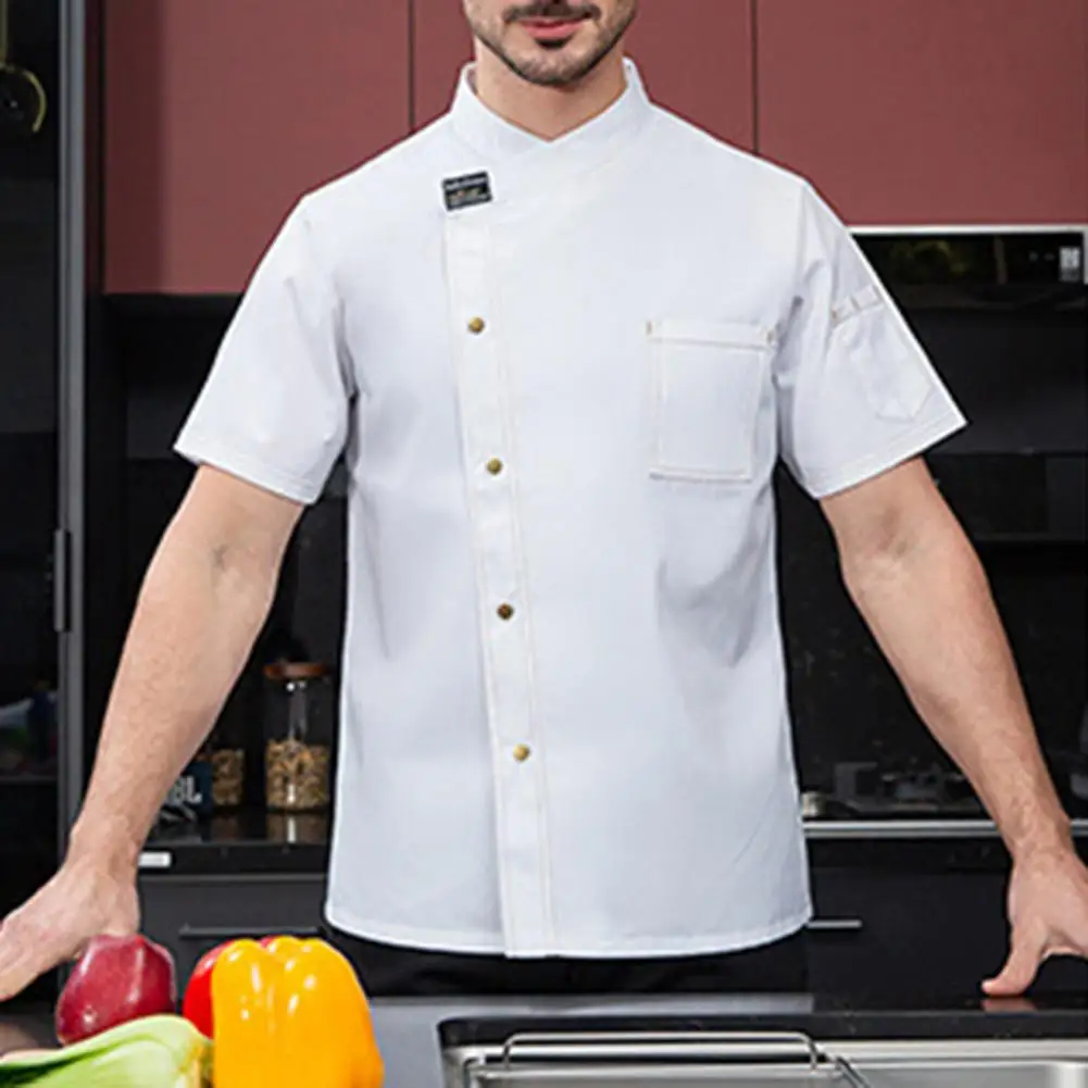 

Stand Collar Short Sleeve Chef Uniform Patch Pocket Buttons Placket Baking Clothes Anti-dirty Unisex Service Bakery Cooking Coat