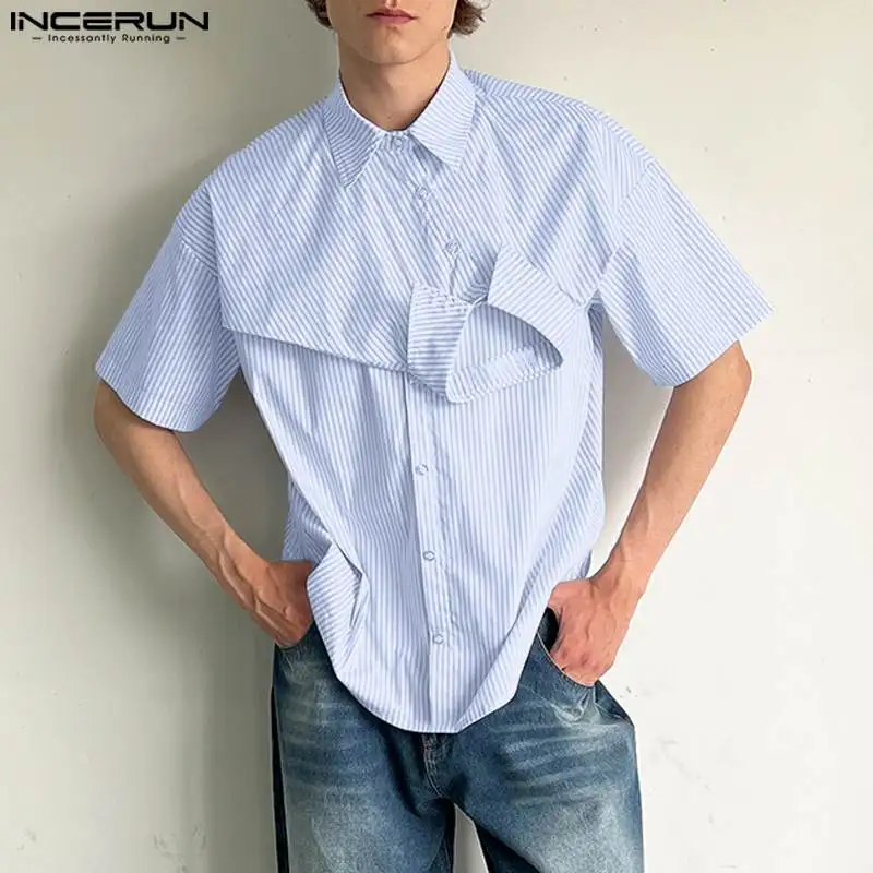 

INCERUN Tops 2023 American Style New Men Fake Two-piece Striped Loose Shirts Leisure Comfortable Male Short Sleeved Blouse S-5XL