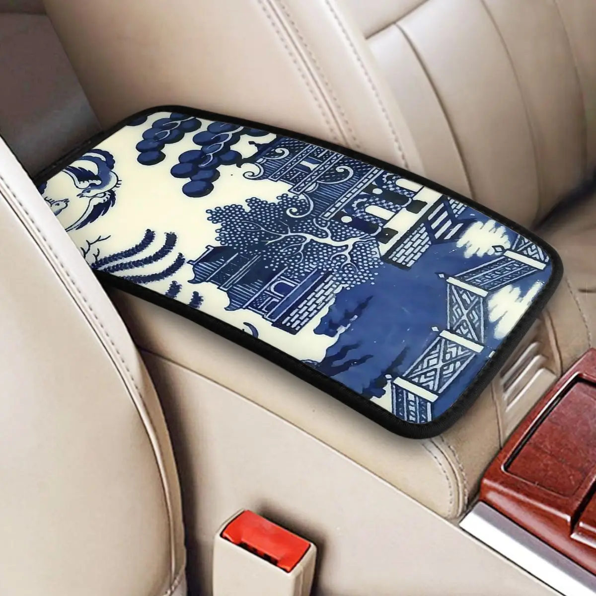 

Center Handle Box Pad Cushion Antique Willow Ware Oriental Toile Armrest Cover Mat Blue Delft Car AccessoriesStorage Box Cover