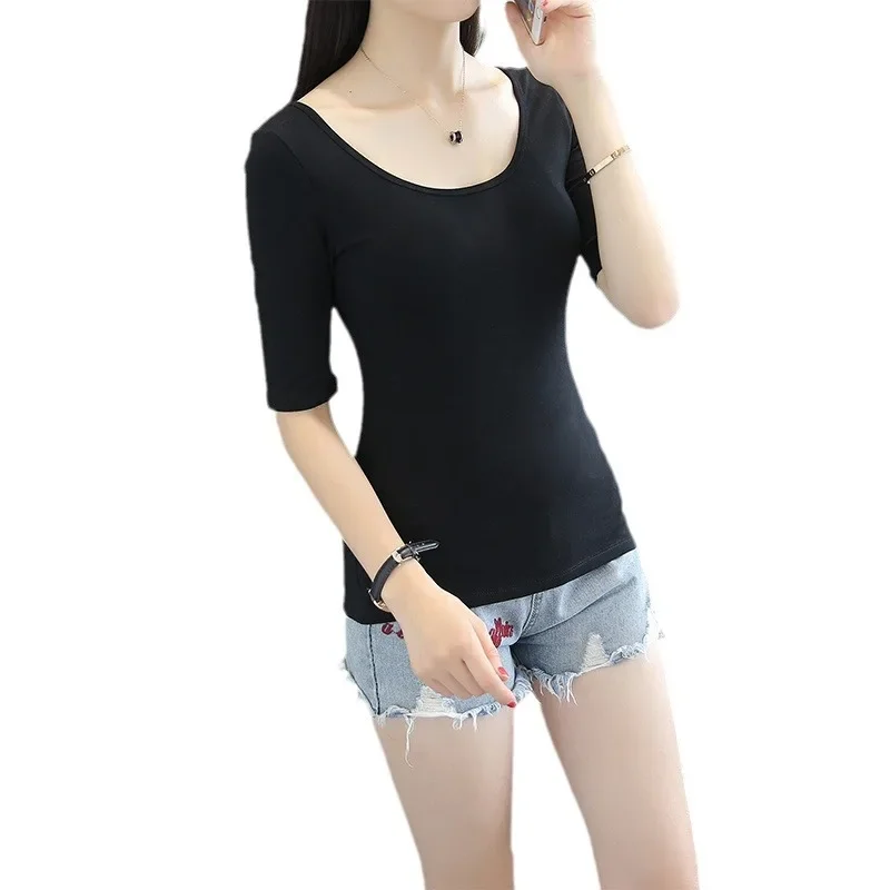 Лето 2024 женская футболка с низким вырезом двойной вырез средний рукав базовый