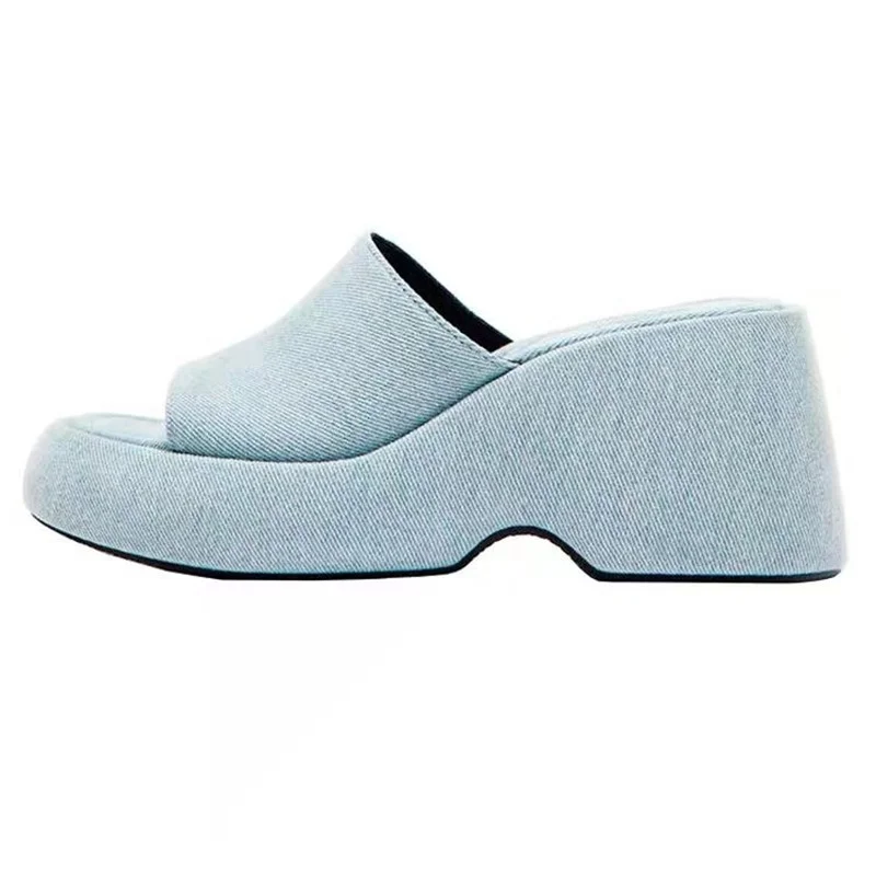 2023 Summer New Style Thick-soled Blue Denim Wedge Sandals Women Increase Height One Word Sandals Lazy Outerwear Women Slippers