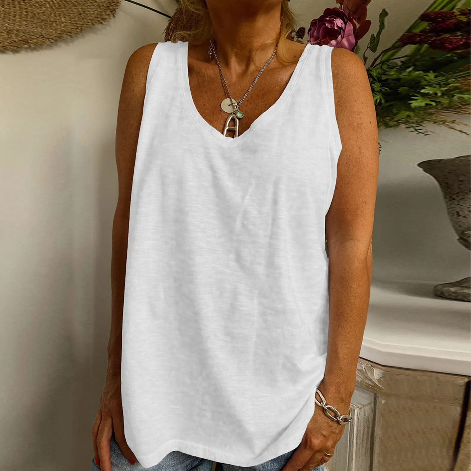 

Women Round Neck Sleeveless Top T Shirt Solid Color Fashion Top Womens Tops 2x Women Button down Blouses