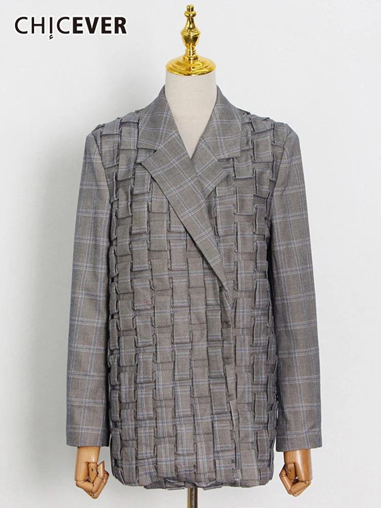 

CHICEVER Casual Plaid Colorblock Blazer For Women Notched Collar Long Sleeve Loose Blazers Female 2022 Spring Clothing Fashion