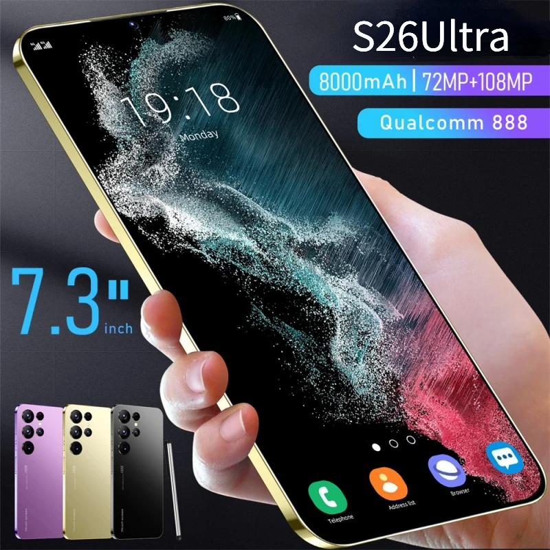 S26 Ultra Мобильные телефоны 7 3 HD Экран Смартфон Оригинальный 22 ГБ + 2 ТБ 4G/5G Dual Sim Celulares
