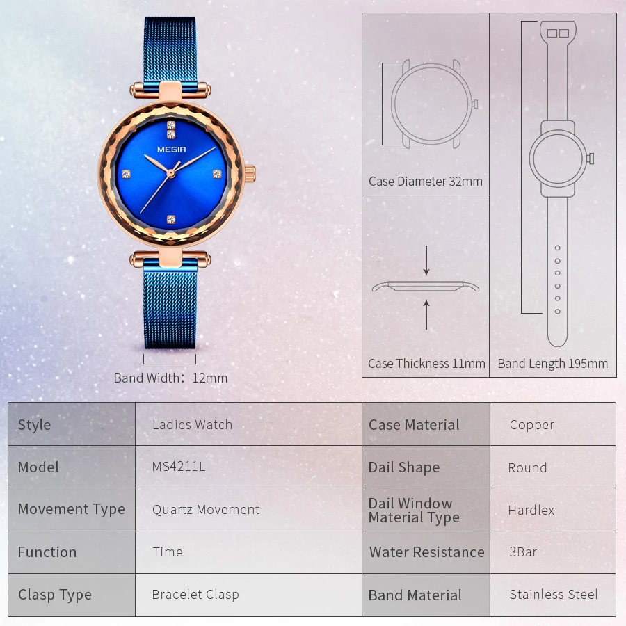 Часы MEGIR женские кварцевые со стальным сетчатым браслетом роскошные