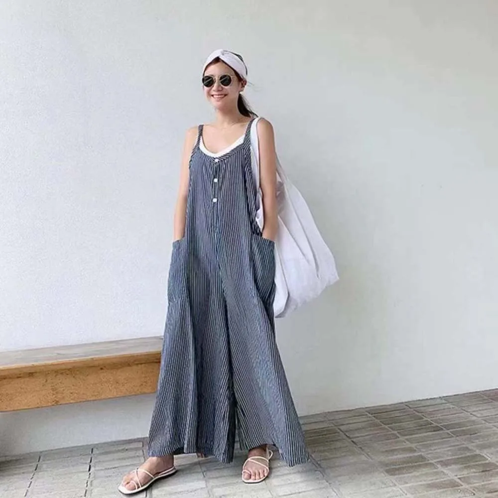 

2022 Summer Jumpsuit Korean Chic Style All-match Large Pocket Loose Suspenders Age-reducing Casual Striped Wide-leg Jumpsuit