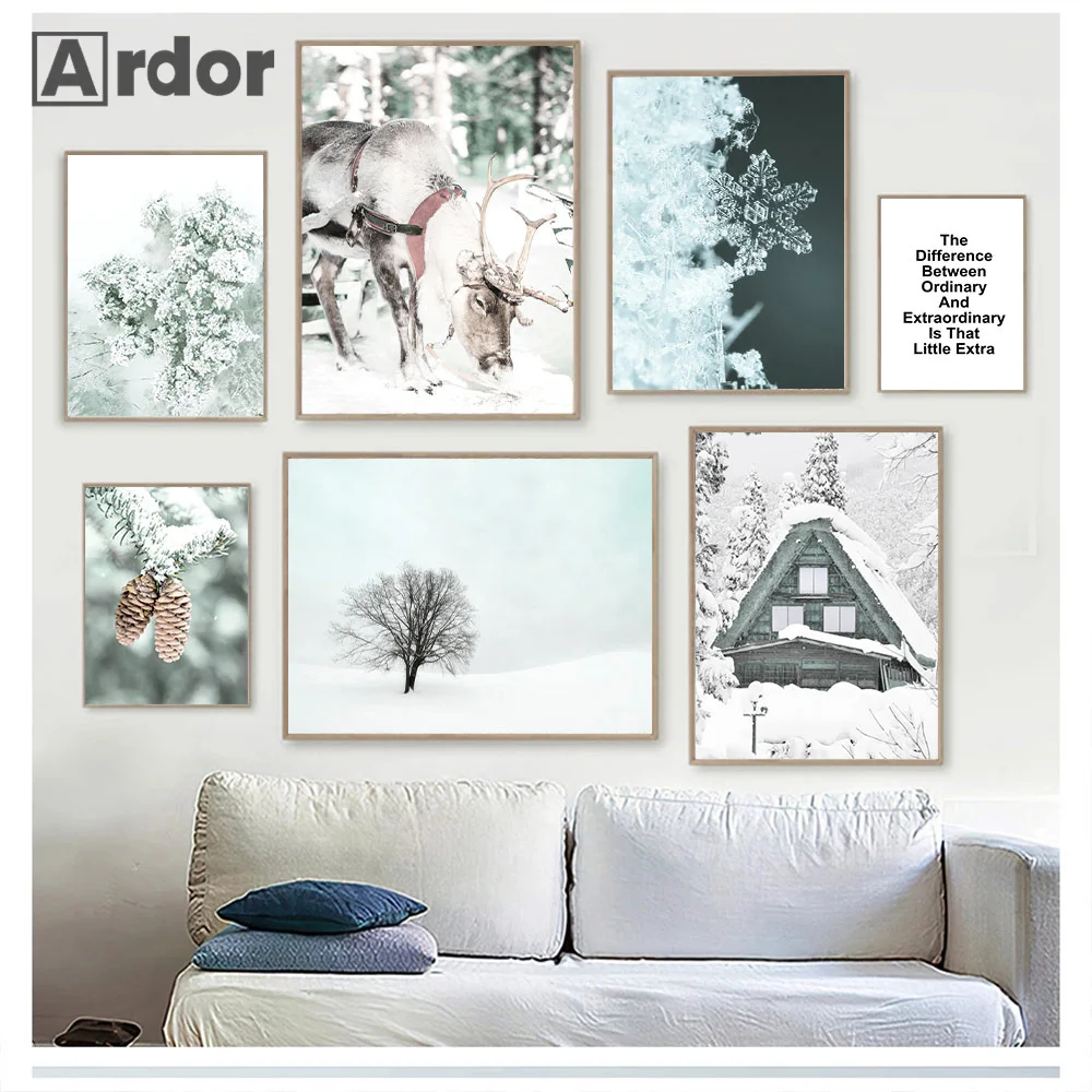 

Winter Snow Forest House Nordic Pine Print Deer Snowflake Scenery Canvas Painting Poster Wall Art Pictures Living Room Decor