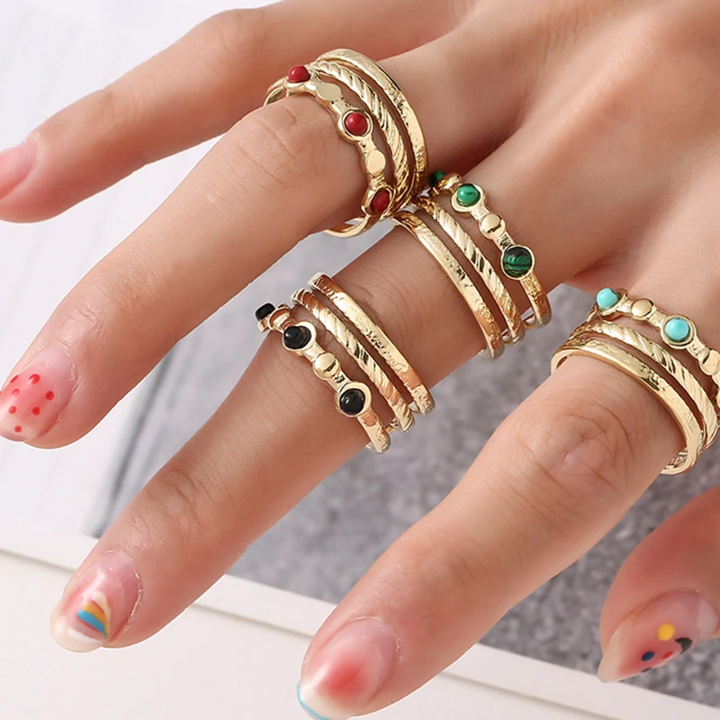 

Gold Plated Nature Stones Wide Hollow Ring Ladies Stainless Steel Adjustable Open Ring Statement Fashion Jewelry Gift Party