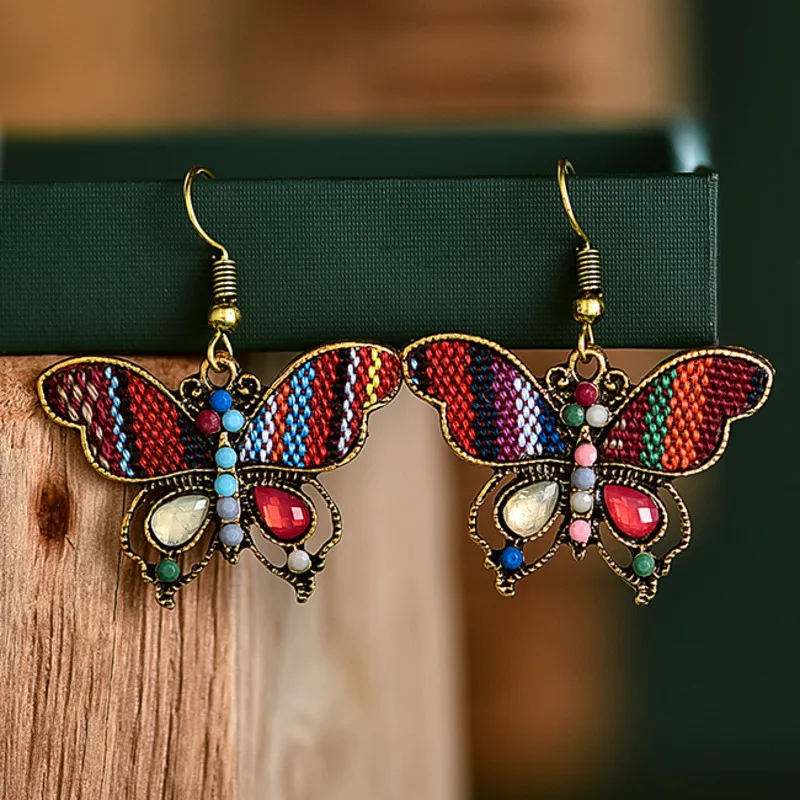 

Bohemian Butterfly Earrings Colorful Fabric Rhinestone National Style Ethnic Dangle Earrings
