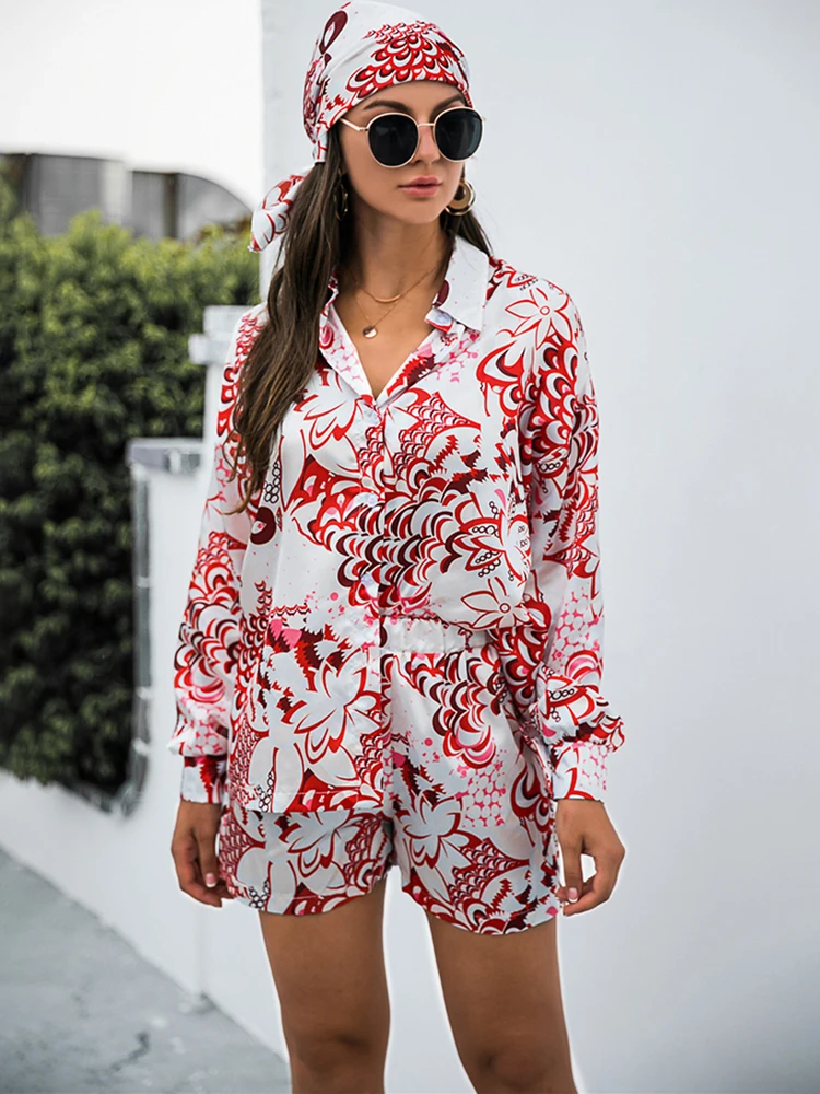 

Bohemian Print 3 Piece Sets Women Fashion Printed Long Sleeve Blouses Top Shirt +Shorts Vintage Holiday Beach Casual Outfits