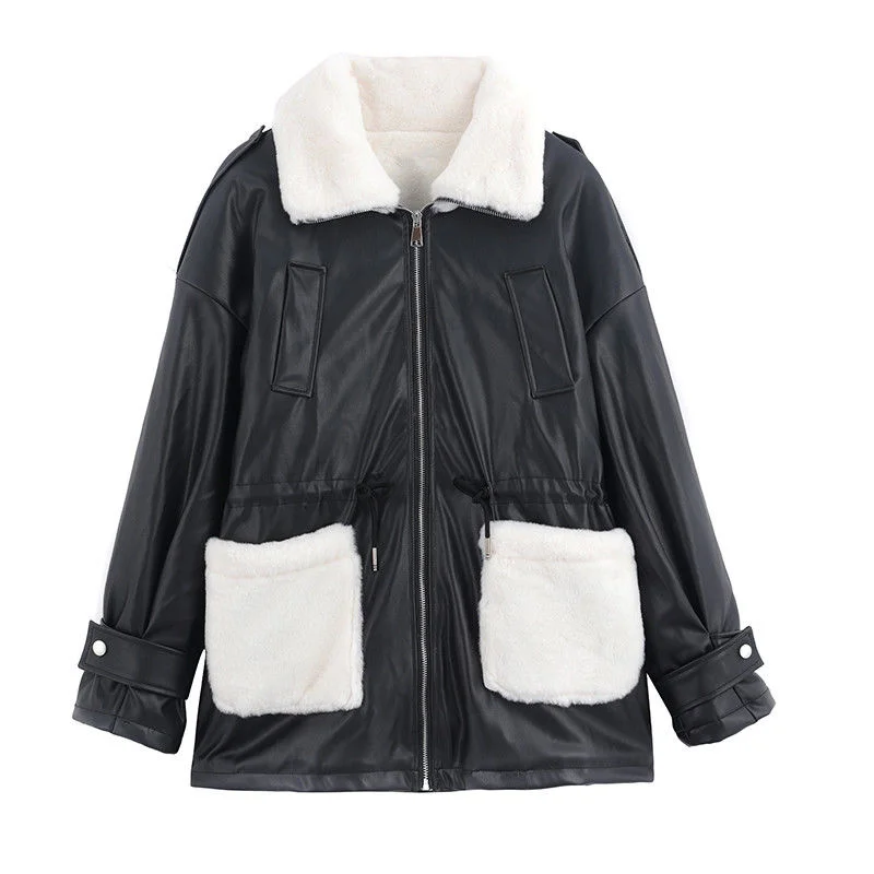 

Зимние женские кожаные куртки из искусственной кожи + шерстяные свободные пальто для