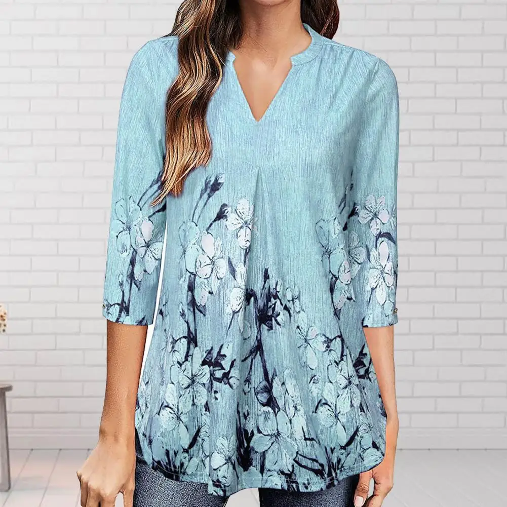 

Women Blouse Exquisite Pattern Loose-Fit V Neck Machine Washable Polyester Autumn Casual T-Shirt Clothing For Lady