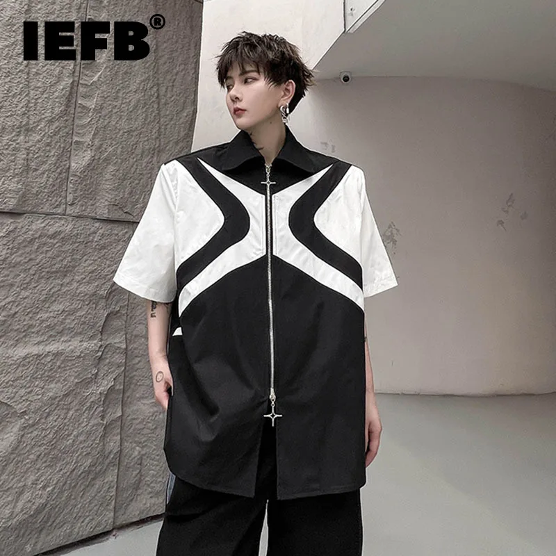 

IEFB Niche Design Men's Patchwork Shirt Laple Short Sleeve Double Zippers Shirts New Fashion Contrast Color Top Trendy 9A8096