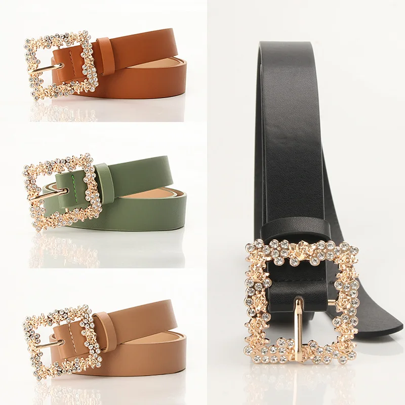 

Women Fashion rhinestone Buckle faux leather Belt 2022 New Decorative diamons luxury Pu Leather Belt Chain ladies girls