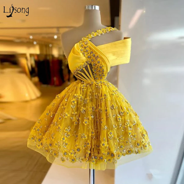 

Fairy Yellow 3D Flower Lace Women Party Dress A-line Short Tulle Cocktail Dresses 2022 One Shoulder Sweet Mini Gowns
