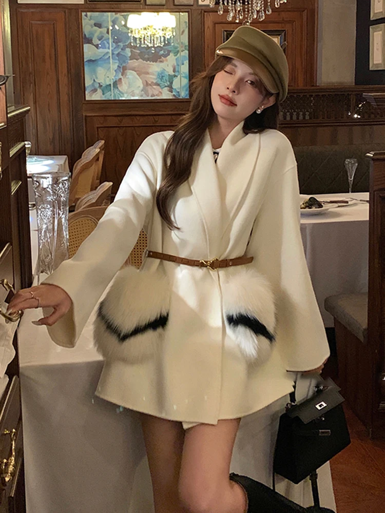 Женское кашемировое пальто с карманами теплая шерстяная куртка рукавом летучая